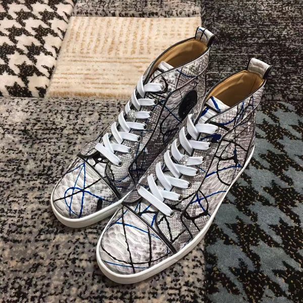 

[With Boxes] Python Genuine Leather Men High Top Sneakers Shoes Luxurious Red Bottom Shoes,Outdoor Women Leisure Footwear Flats Size 36-46