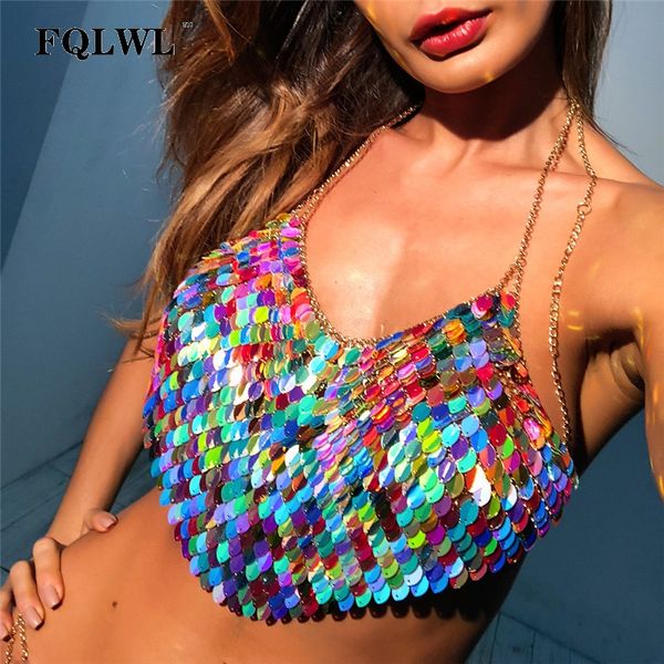 

fqlwl halter sequined scales handmade crop camis backless metal chain tank nightclub beach summer for women 2018, White