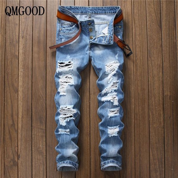 

qmgood men's ripped jeans slim straight light blue denim biker jeans fashion male distressed destroyed trousers button pants