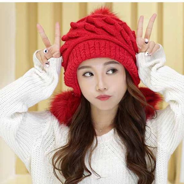 Kış Ponpon Tavşan Kürk Şapkalar Kadınlar Bayanlar için Kulak Koruma Örme Beanie Cap Kalın Sıcak Kayak Bonnet Şapka