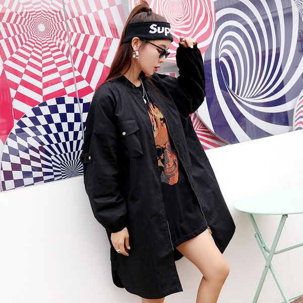 

2018 new windbreaker female spring and autumn korean casual loose large code leader long windbreaker coat female thin, Tan;black