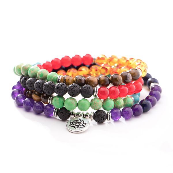 

handmade 8mm natural 7 colorful stone bracelet 108 mala lotus pendant necklace chakra bracelet yoga buddhist dropship, Black