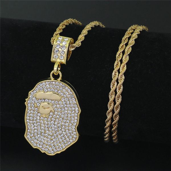 

hip hop iced out quavo choker full rhinestone ape pendent necklace present bling rapper jewelry 2pcs, Silver