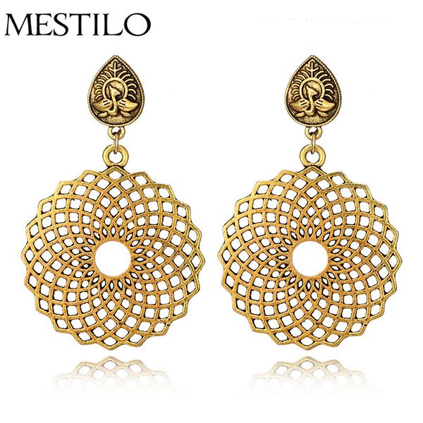 

mestilo punk vintage big gold metal geometric round circle drop earrings for women boho retro hollow flower long dangle earrings, Silver