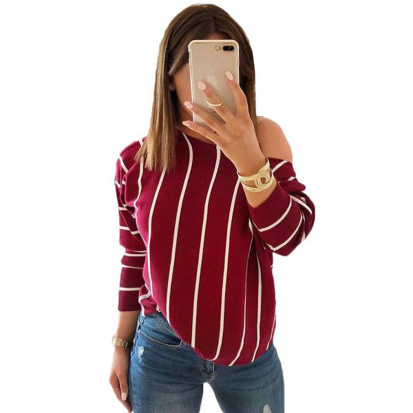 

2018 autumn casual striped t shirt women long sleeve tshirts slash neck loose female cotton t-shirts for women, White