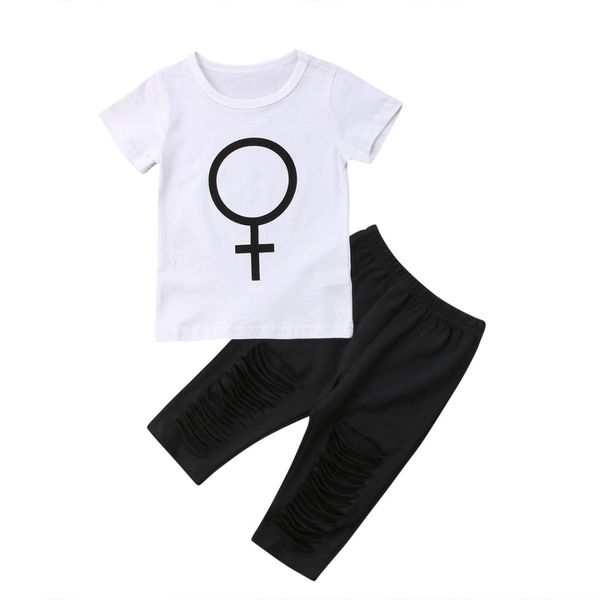 

toddler kids baby girl boy t shirt +ripped pants 2pcs outfits set clothes, White