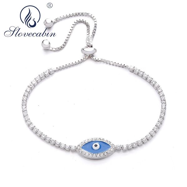 

slovecabin 925 sterling silver 2018 autumn blue enamel sparkling strand sliding bracelet turkish evil eye bracelet for women, Black
