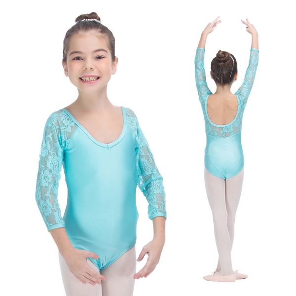 

dancer's choices light river blue nylon/lycra leotard with lace 3/4 sleeve v front for girls gymnastics ballet dancing, Black;red