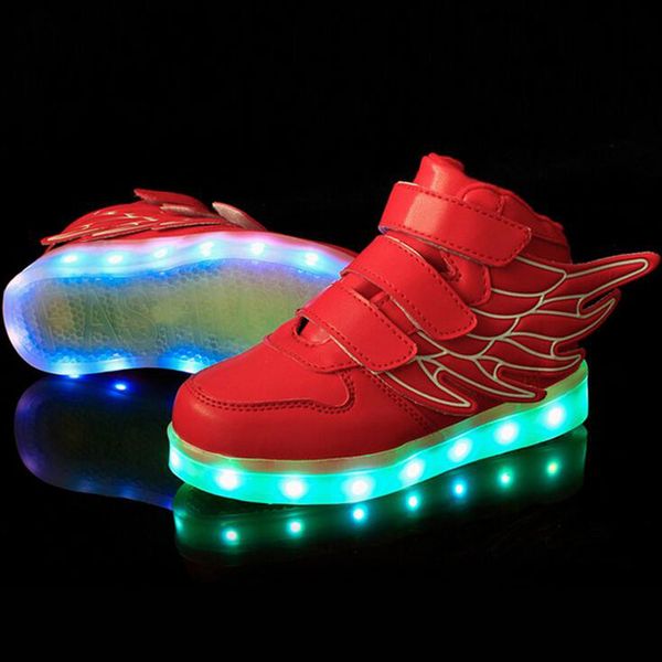 

size 25-37 kids usb charging led light shoes sneakers children light up shose with wings luminous lighted boy girl shoes chaussure enfant, Black;red