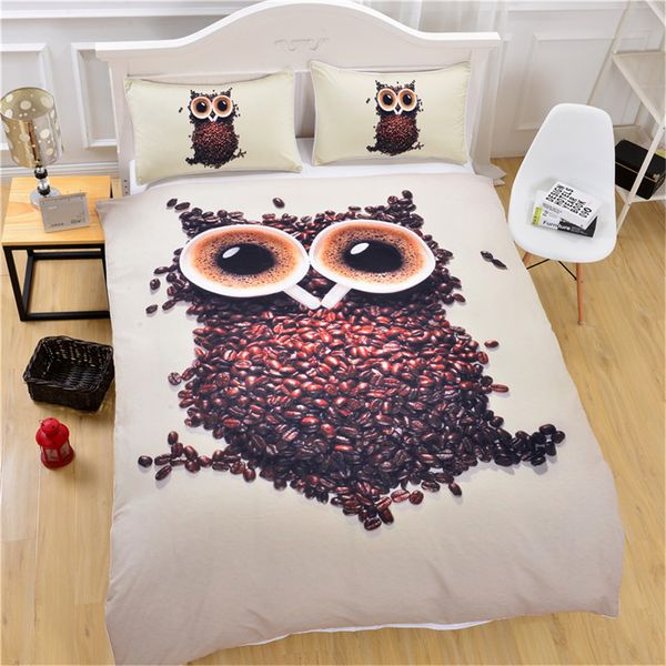 

3d cute owl bedding set single double  king size coffee beans printed duvet cover with pillowcase soft 3pcs home textiles