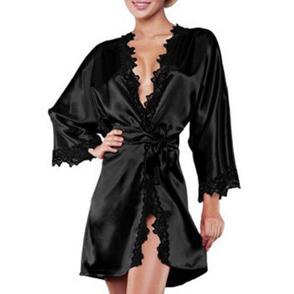 

women's lace trimmed short kimono robe nightwear nightgown sleepwear silky, Black;red