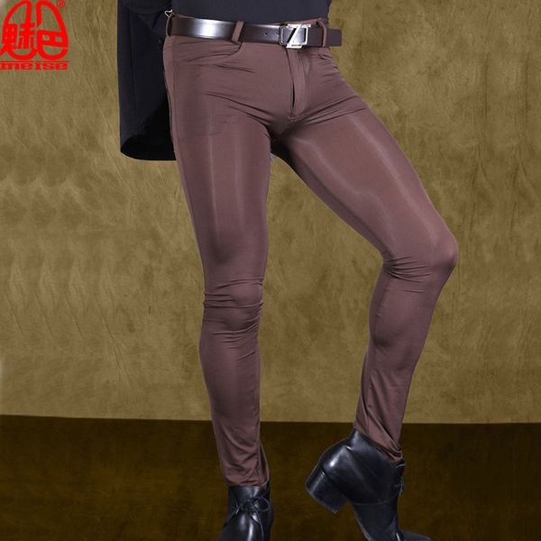 

men transparent pants ice silk see through elastic tight trousers silky pencil pants erotic lingerie club gay wear f90, Black