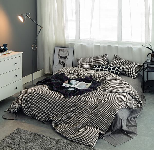 100 Cotton Soft Bed Sheet Set White Grey Black Plaid Bedding Set