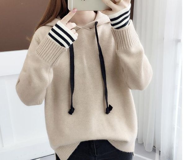 

send 2018 autumn female new loose and comfortable set head korean hooded arder knitted sweater tide, White;black
