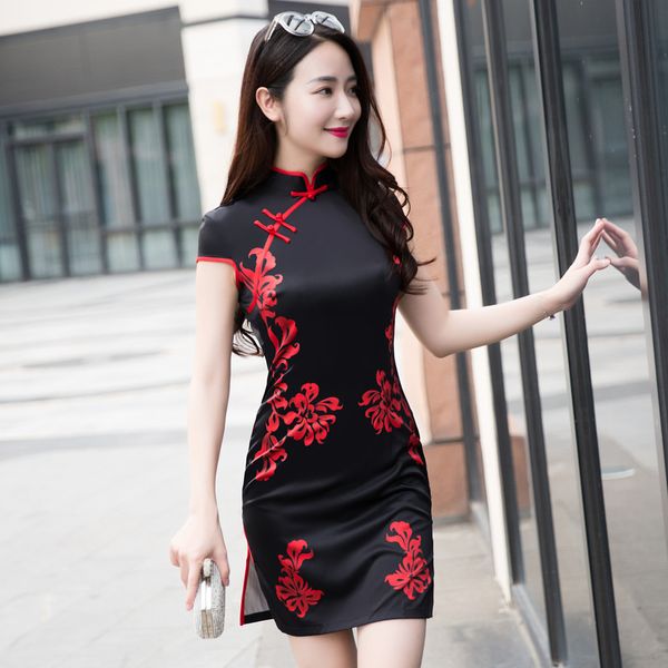 

noriviiq black bottom standing collar qipao slim chinese traditional dress cheongsam fashion retro women's clothing tang suit, Red