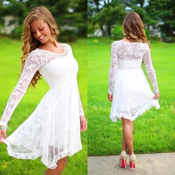 

2019 beach casual short wedding dresses with long sleeves crystal beading scoop neckline a line knee length lace bridal wear, White