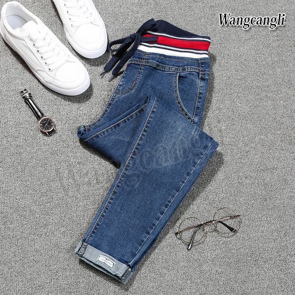 

2018 spring jeans for women large size 5xl feet harlan jeans taille haute femme foreign nine pants 013#, Blue