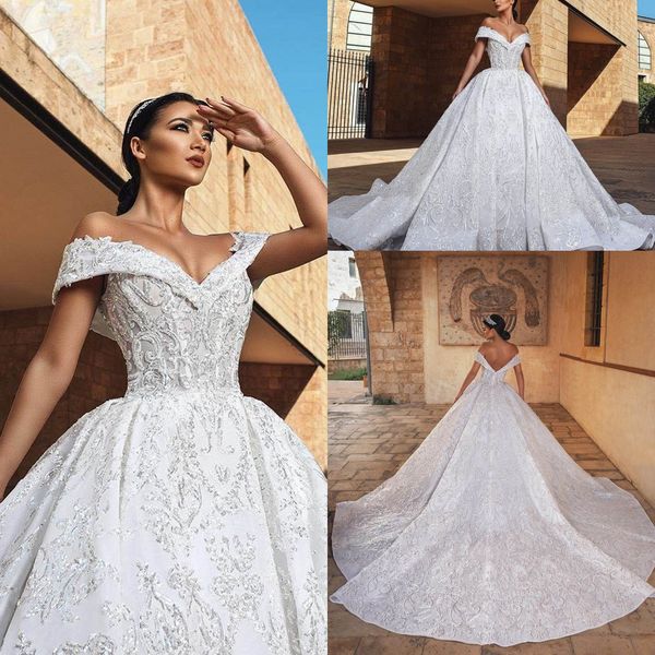 

luxury lace crystal beads 2018 wedding dresses applique off shoulder gorgeous church train plus size bridal ball gowns robe de mariage, White