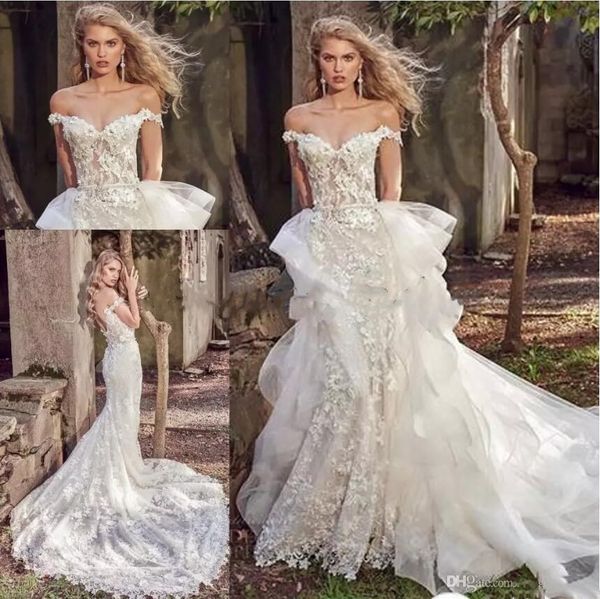 Véspera de milady 2020 vestidos de casamento modesto 3d floral fora do ombro laço applique fishtail swew train sereia vestido de recepção nupcial