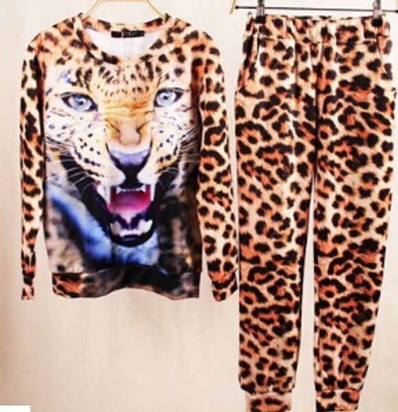 

women 3d hoodies tiger lion print tshirts tracksuits leopard sweatshirts long pants 2pcs clothing sets sports suits, Gray