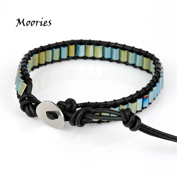 

moories hematite wrap leather boho bracelet stainless steel buckle women's bohemian stones beads adjustable bracelets for woman, Golden;silver