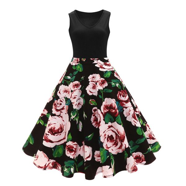 

high-waist pleated dress plus women sleeveless floral hepburn vintage button plus size dress robe femme ete 2018, White;black