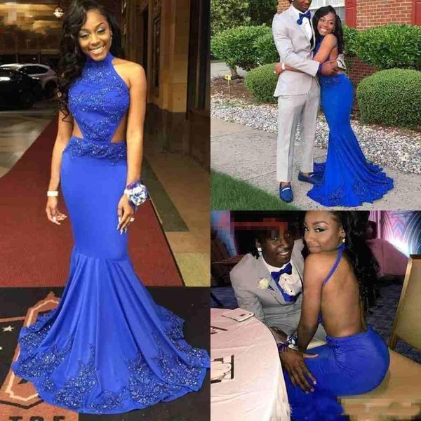 

New Royal Blue Prom Dresses Mermaid Backless Evening Dresses Halter Neck Beaded Lace Appliques Sexy Back Arabic South African Prom Party Gow