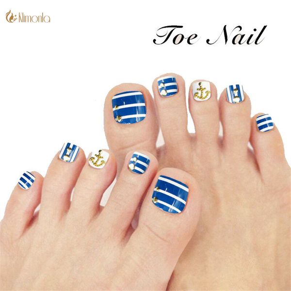 

24pcs blue rivets false toe nails pre-design full cover artificial fake nails with glue ocean style nail beauty for ladies, Red;gold
