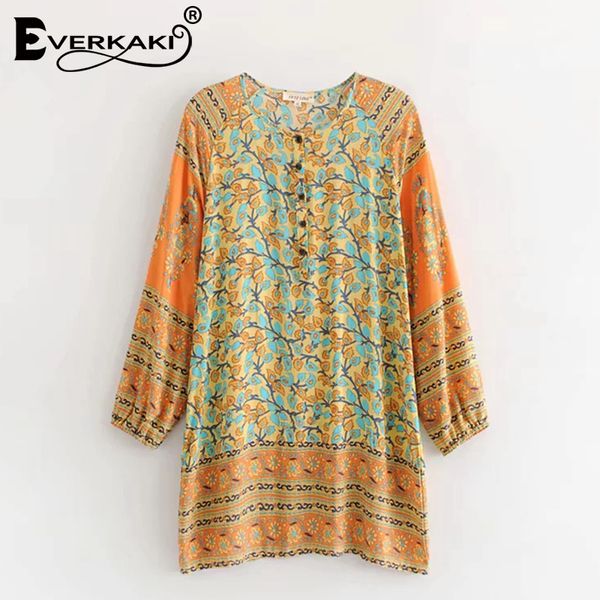 

everkaki women boho gypsy floral print cotton mini dress button o neck long sleeve loose bohemian dress female 2018 summer new, Black;gray