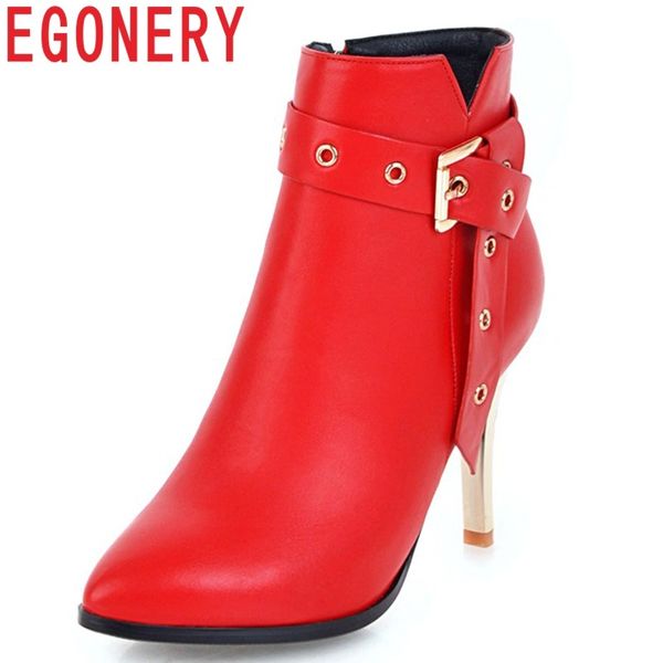 

egonery 2018 winter new fashion pointed toe super high thin heels shoes women zipper metal decoration elegant party ankle boots, Black