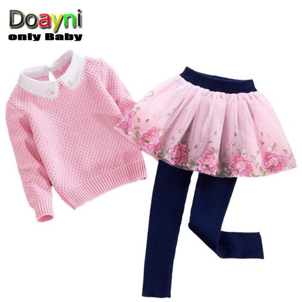 

doayni baby girls clothing sets 2pcs up turn-down sweaters with lace string bead + stereo floral lace mesh dress pants clothes, White