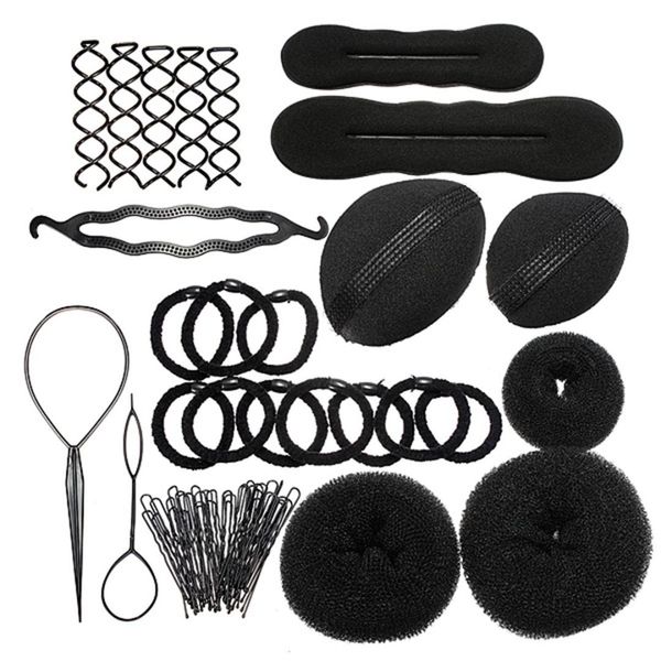 

9 in 1 pro hair bun clip maker pads hairpins roller braid twist sponge styling accessories tools kit set, Brown