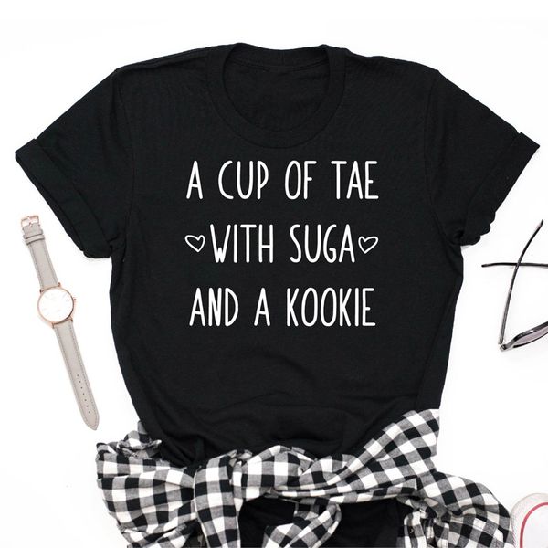 

bts kpop a cup of tae with suga and a kookie t shirt women casual taehyung tshirt jungkook bts short-sleeve t-shirt, White