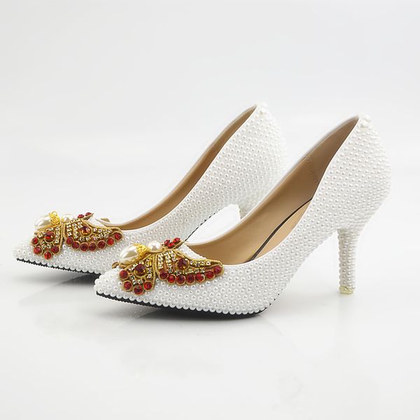 

новый красивый белый жемчуг женщины насосы острым носом боути кристалл свадебные туфли ручной работы леди каблуки плюс размер, Black