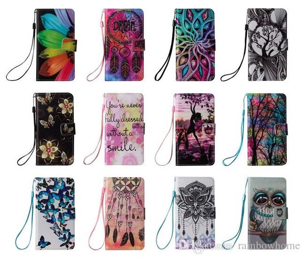 Sogno Sorriso Gufo Fiore Dipinto Portafoglio Stand Cover Custodia in pelle per iPhone 6 6S 7 8 Plus Galaxy S7 Edge J510 J710 A3 A5