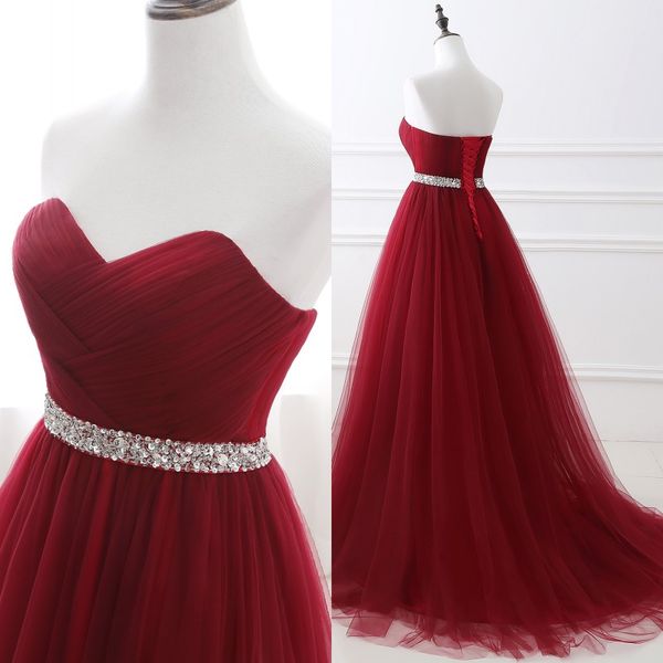 Impressionante Vinho Vermelho Vestidos de Baile Longo tule Macio com Espumante Sash Beads Lantejoulas Varredura Trem Prom Dress Evening Vestidos