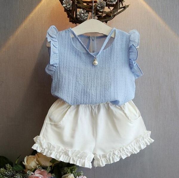 

2018 new children fashion suit 2 color girls ins chiffon set flying sleeve t shirt + shorts 2 pieces set suit baby kids clothing, White