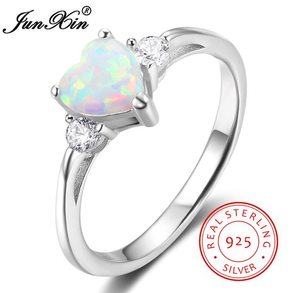 

junxin female cute white fire opal ring 100% 925 sterling silver jewelry charming birthstone heart ring for women wedding gifts, Golden;silver