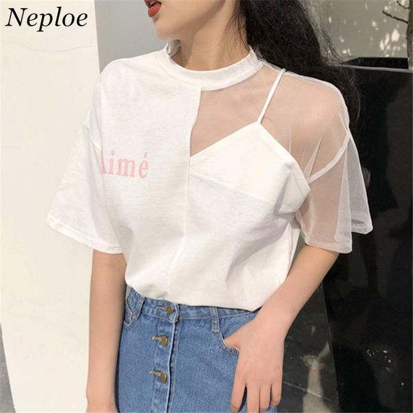 

neploe summer sling mesh women t shirt 2018 newly patchwork hollow out t-shirt short sleeve o-neck letter t-shirts 67268, White