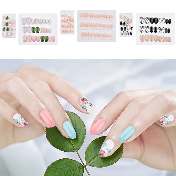 

1 sheet round false nail with designs full cover fake nails super comfort alloy faux ongles nail art, Red;gold