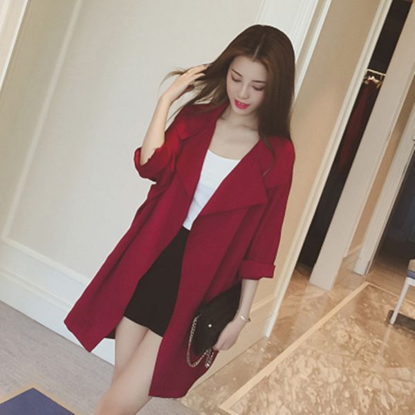 

women autumn windbreaker 3/4 sleeve trench coat open stitch turn down collar female loose casaco feminino outerwear 6q1963, Tan;black