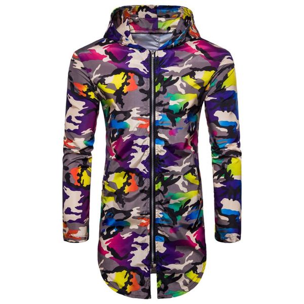 

men camouflage hooded long cut zipper jacket casual long sleeve coat m-xxl, Black