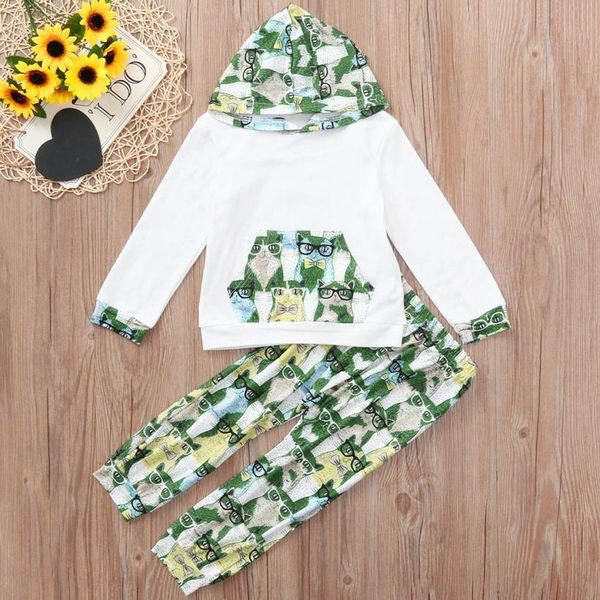 

arloneet girls clothes children hoodies for little girls cartoon print hooded pocket +pants casual set clothes l0720, White
