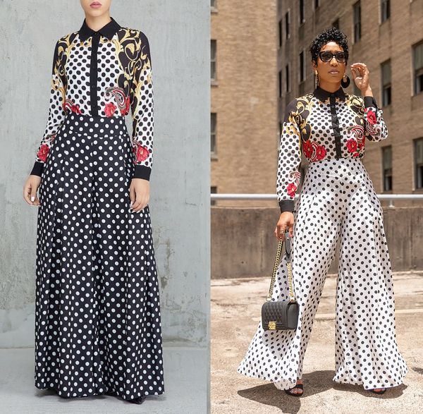 

high waist loose pants ladies trousers capri pants women high waist wide leg pants 2 colors f0030 with dot, Black;white