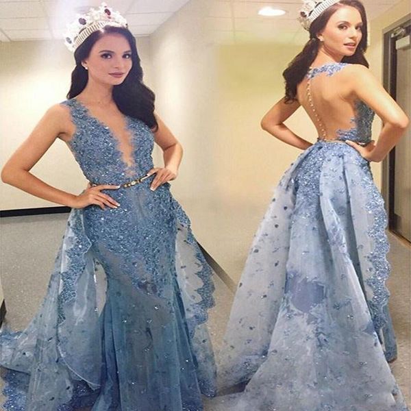 

2019 Dresses Evening Wear with Over Skirts Appliques Sheer Backless Dubai Prom Dresses Latest Evening Party Gowns
