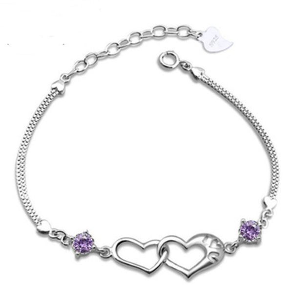 

925 sterling silver heart bracelets chains happiness signal double heart 3a purple white crystal bracelets valentine day jewelry gift cheap, Black