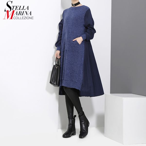 

новый 2018 корейский стиль женщины синий черный лоскутное свитер платье карман с длинным рукавом трапеция женская длина до колен повседневна, White;black