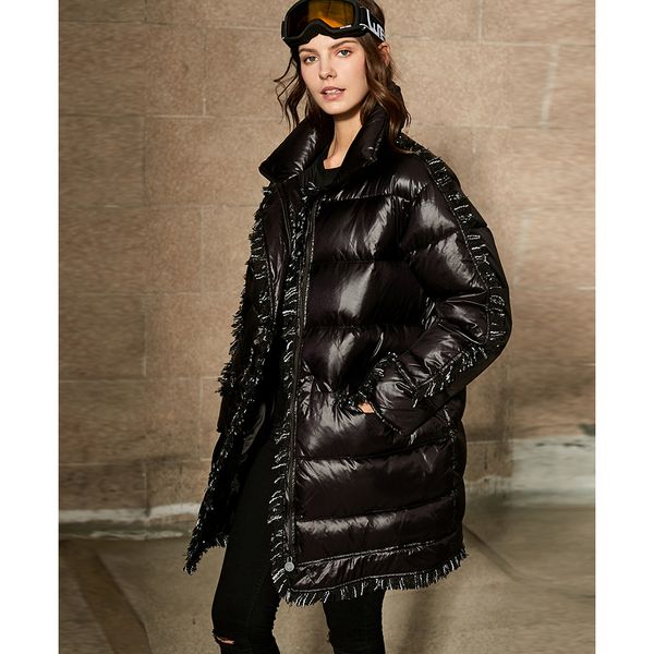 

Down jacket coat women 2018 fall winter white and black puffer jacket long bubble coat with tweed ta el decorated edge