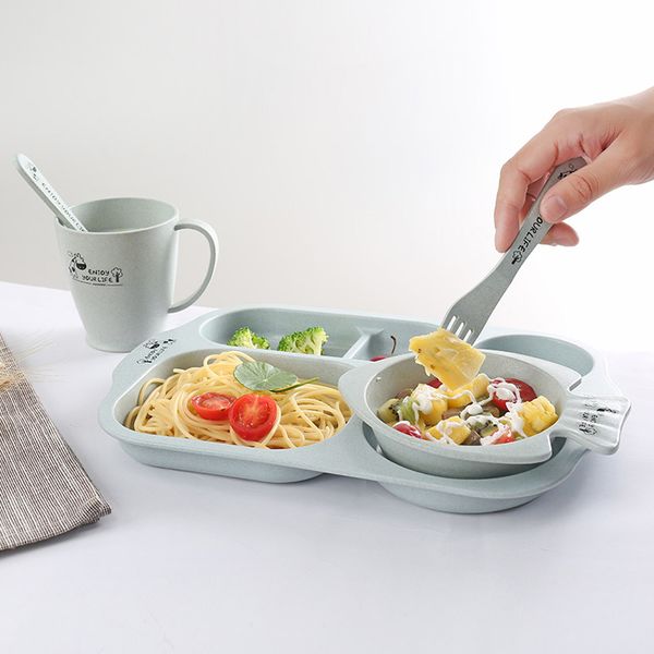 

5pcs children tableware wheat sange snack tray with spoon fork cup skid platter tableware baby eating supplies beautiful tray