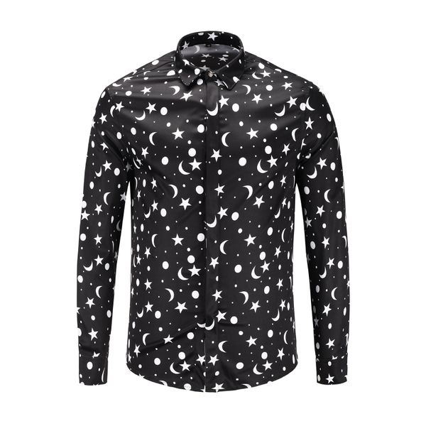 

ximiwua 2018 new arrival mens shirts fashion dress shirt long sleeve print star and moon chemise homme, White;black